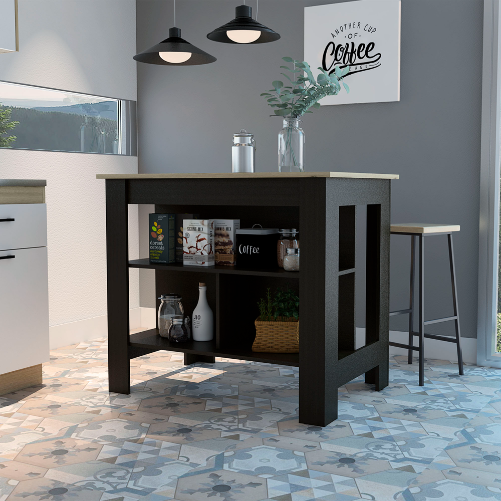 Cala Modern Kitchen Island, With Three Open Shelves Display for Kitchen Storage, And One Top Shelf