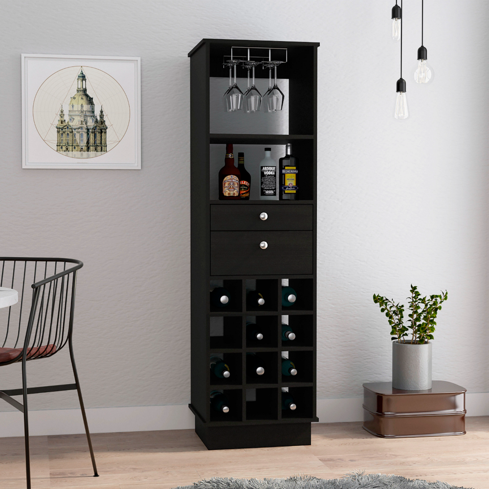 Classic Tall Bar Cabinet with Two Drawers, Two Shelves and Twelve Built-In Wine Rack Storage