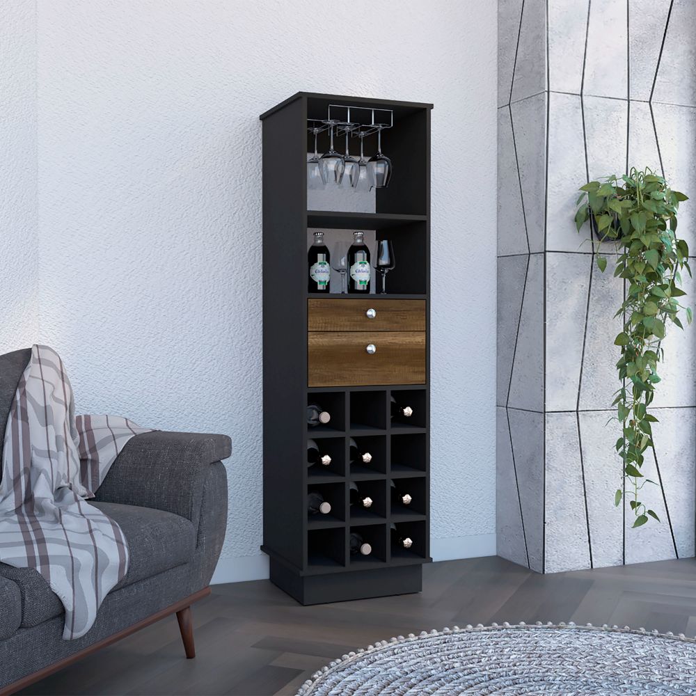 Classic Tall Bar Cabinet with Two Drawers, Two Shelves and Twelve Built-In Wine Rack Storage