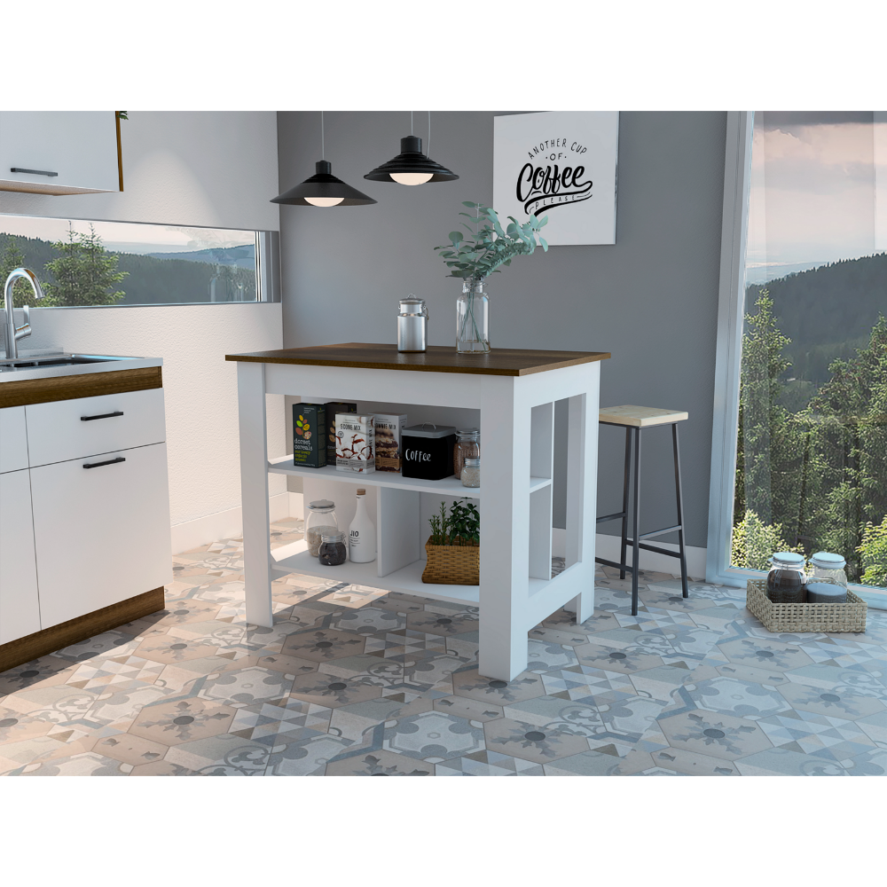 Cala Modern Kitchen Island, With Three Open Shelves Display for Kitchen Storage, And One Top Shelf
