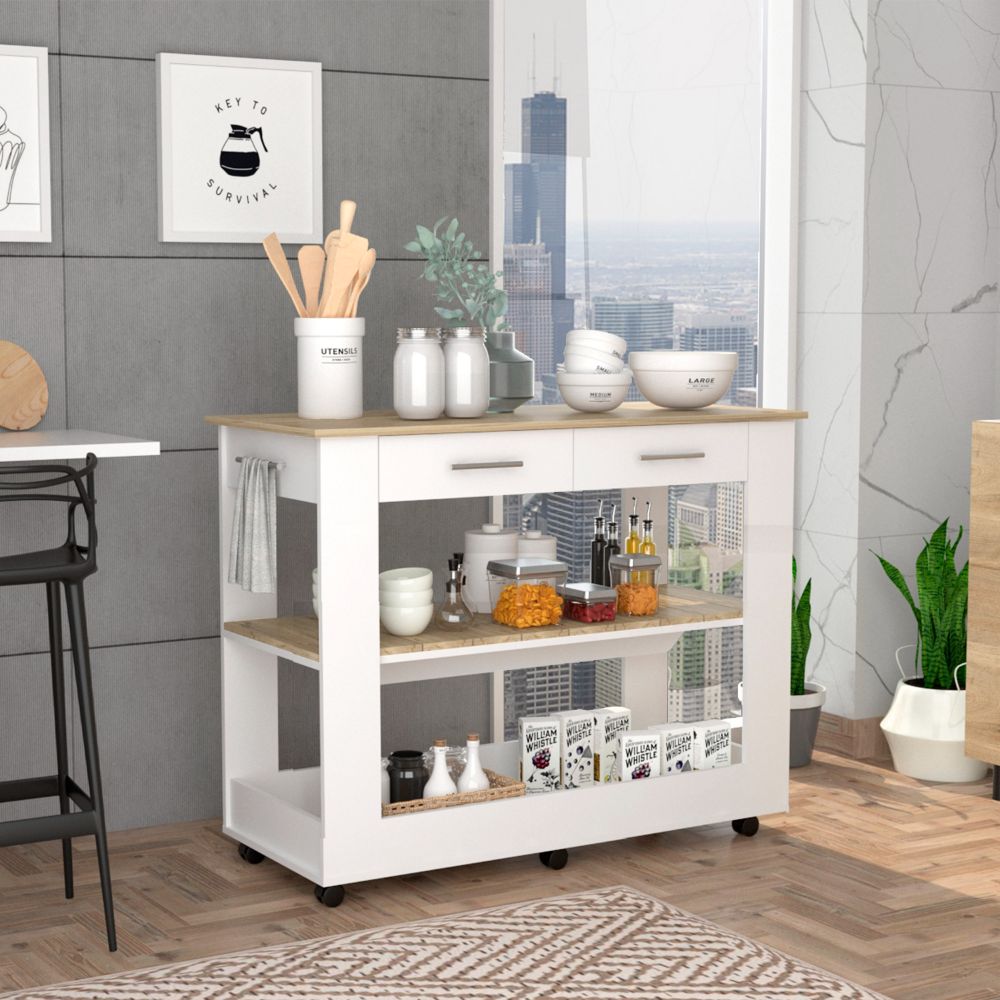 Cala Kitchen Island 46, Six Casters, Two Drawers, Lower Open Shelf
