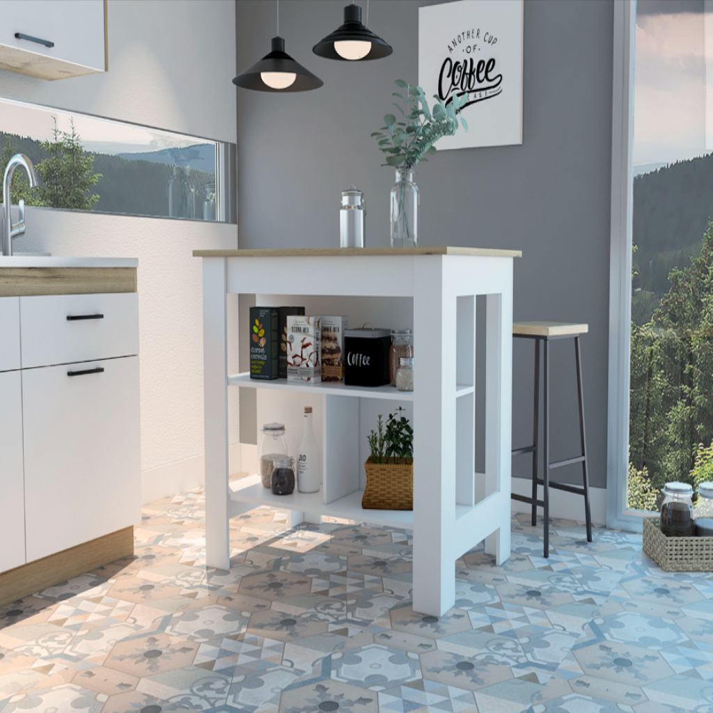 Cala Kitchen Island, Three Open Shelves, One Top Shelf, Four Legs, Modern Kitchen Decor And Organizer