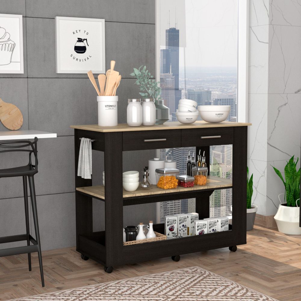 Cala Kitchen Island 46, Six Casters, Two Drawers, Lower Open Shelf