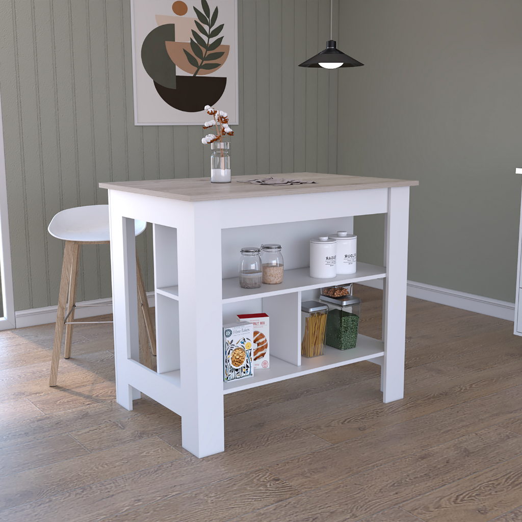 Cala Kitchen Island, Three Open Shelves, One Top Shelf, Four Legs, Modern Kitchen Decor And Organizer