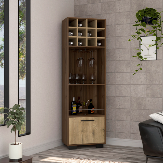 TUHOME Marsella Corner Bar Cabinet, Home Bar Furniture with Eight Built-In Wine Rack, Cup Rack, Drawer Storage and Two Side Shelves, Space-Saving Corner Cabinet for Modern Entertainment Areas