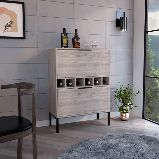 Lyrata Bar Cabinet with Six Built-In Wine Rack Cubbies, Double-Door Storage Compartment, Multiple Interior Spaces and Modern Elevated Design for Organized Home Entertaining, Beverage Display and Stylish Bar Setup