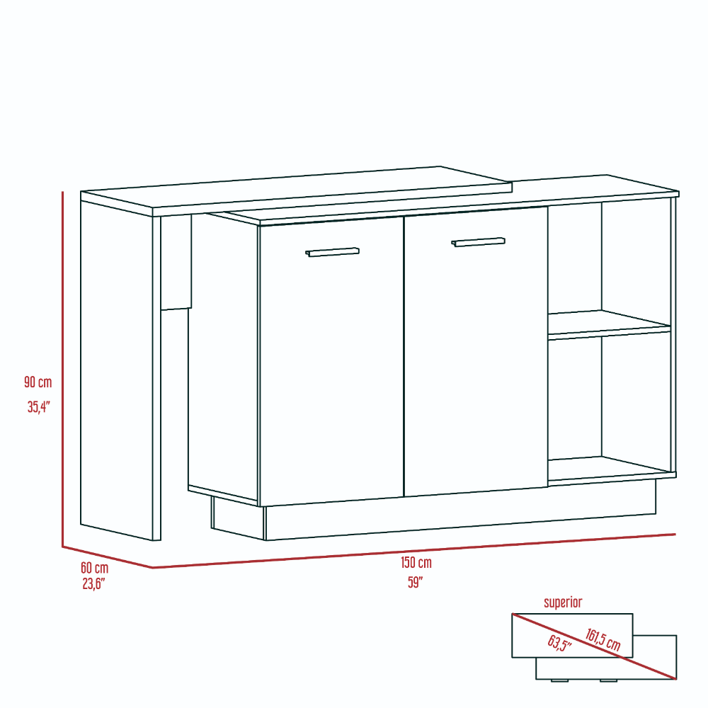 Sicilia Kitchen Island, Two External Shelves, Double Door Cabinets, Three Shelves
