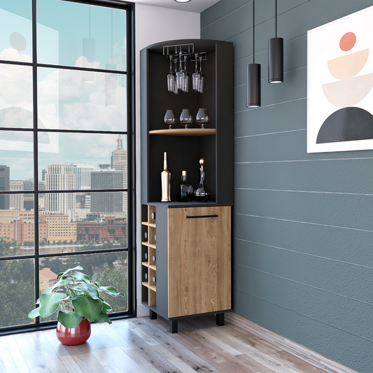 Tuhome Kaia 70-Inch Tall Corner Bar Cabinet with Built-In Wine Storage, Ten Bottle Cubbies, Four Shelves, Stemware Rack, Space-Saving Home Bar Furniture for Living Room or Dining Room Organization