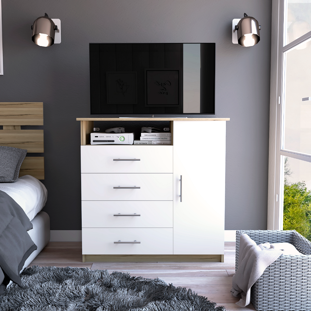 Sierra Freestanding Dresser with Four Drawers, One Cabinet and One Open Shelf, Modern Bedroom Storage