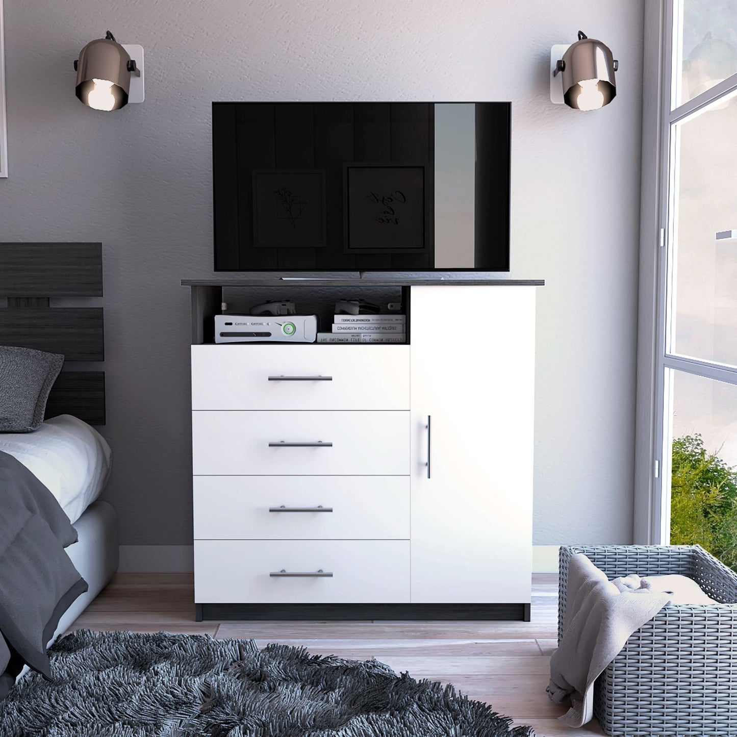 Sierra Freestanding Dresser with Four Drawers, One Cabinet and One Open Shelf, Modern Bedroom Storage