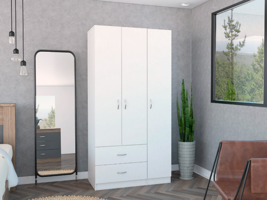 Tuhome Austral Three-Door Armoire with Double Door Hanging Cabinet, Full-Height Shelving Section, Two Spacious Storage Drawers, Modern Multi-Compartment Wardrobe for Organized Bedrooms and Versatile Home Storage