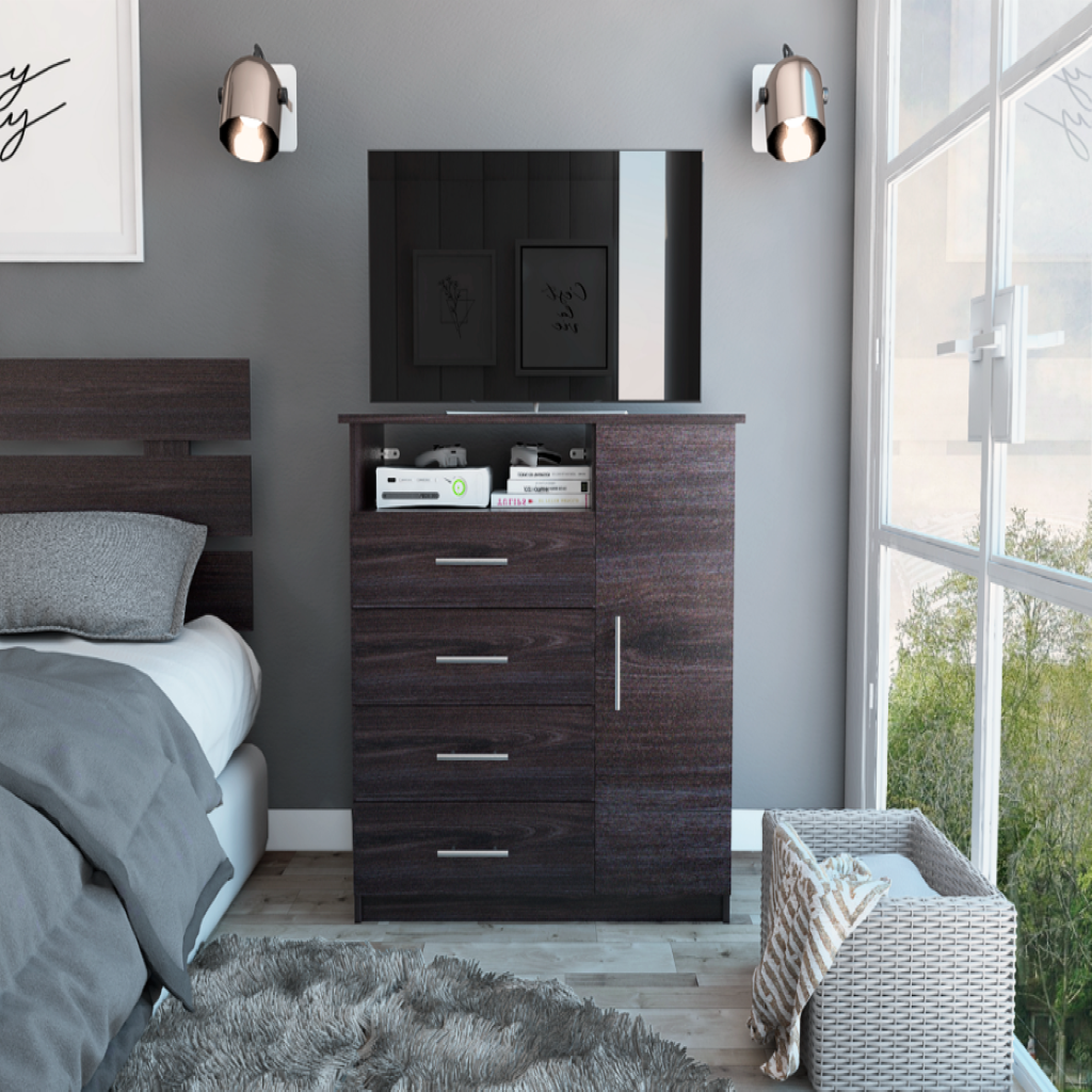 Sierra Freestanding Dresser with Four Drawers, One Cabinet and One Open Shelf, Modern Bedroom Storage
