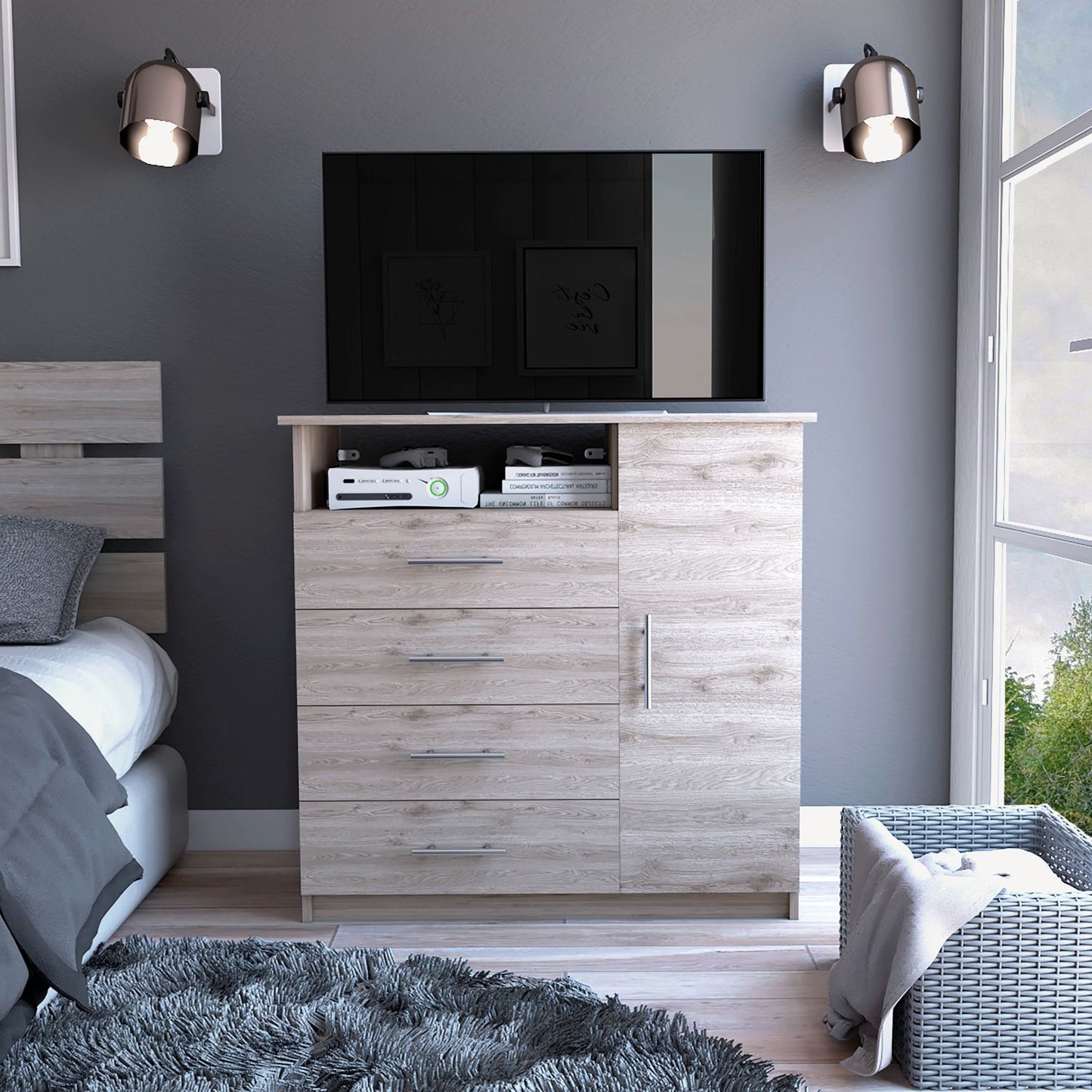 Sierra Freestanding Dresser with Four Drawers, One Cabinet and One Open Shelf, Modern Bedroom Storage