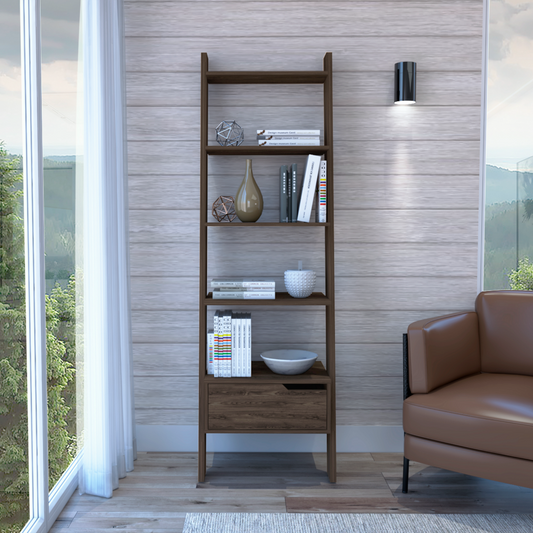 Oslo Ladder Bookcase with Five Spacious Open Shelves, Single Storage Drawer, Four-Leg Modern Frame and Decorative Display Design for Organizing Books, Showcasing Décor and Enhancing Contemporary Living or Office Spaces