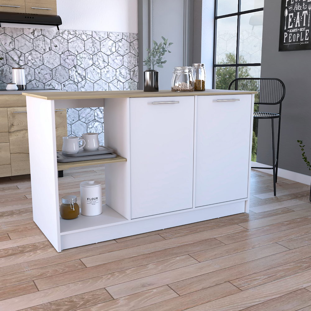 Juniper Kitchen Island, Four Open Shelves, Two Cabinets