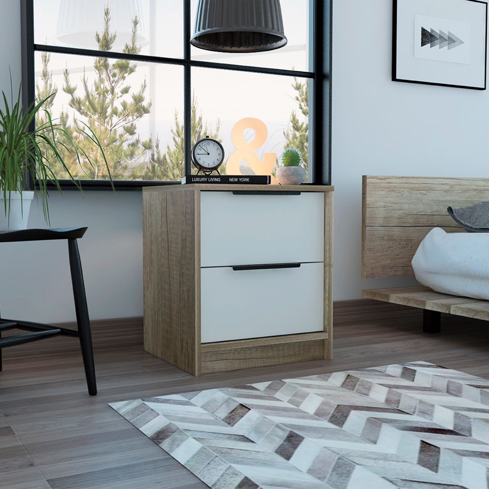 Kaia Nightstand Small, With Two Drawers, Metal Handle, Bedside Bedroom Storage