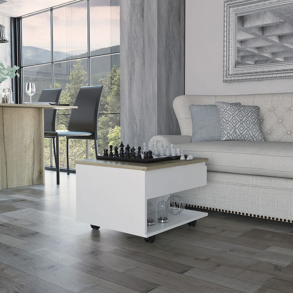 Romano Lift-Top Coffee Table with Casters, One Top Shelf and Hidden Storage