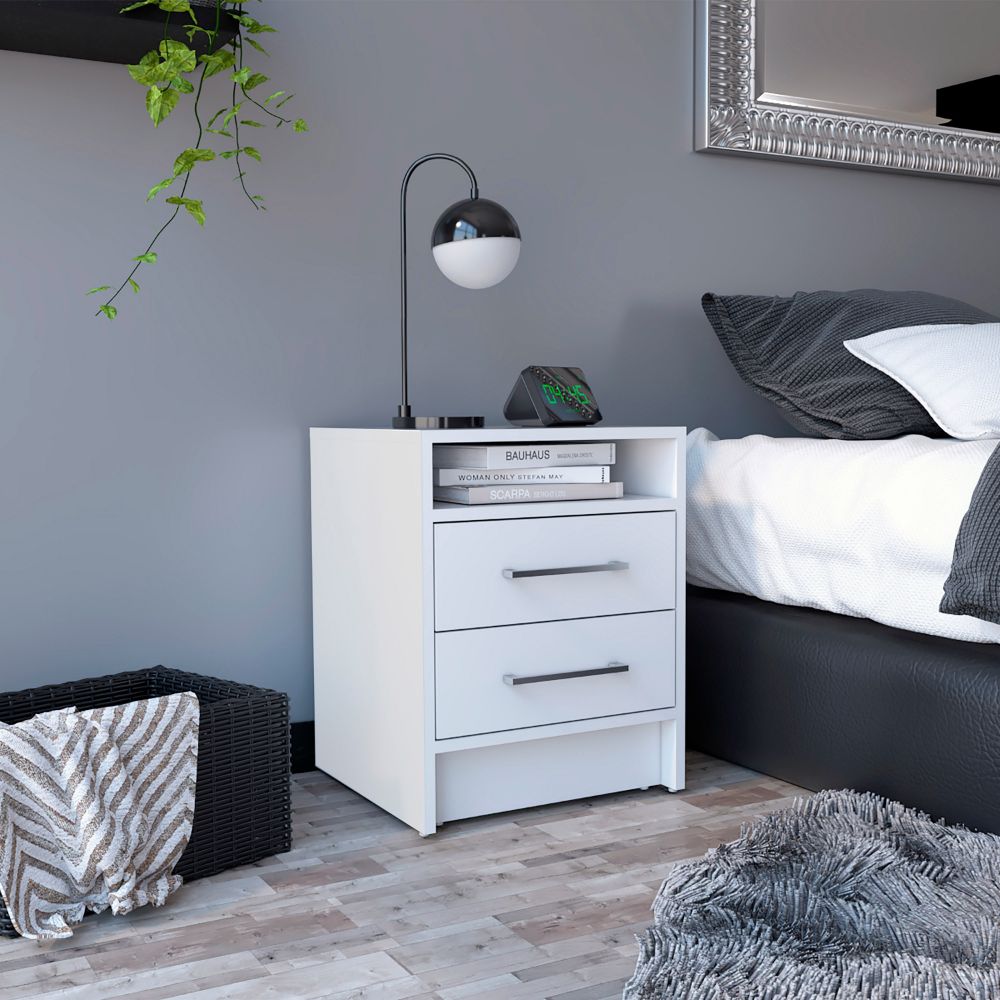 Eter Nightstand Minimalist Modern Style, Superior Top Shelf, One Open Storage Shelf And Two Drawers, Modern Bedside Storage