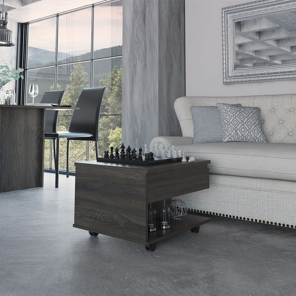 Romano Lift-Top Coffee Table with Casters, One Top Shelf and Hidden Storage