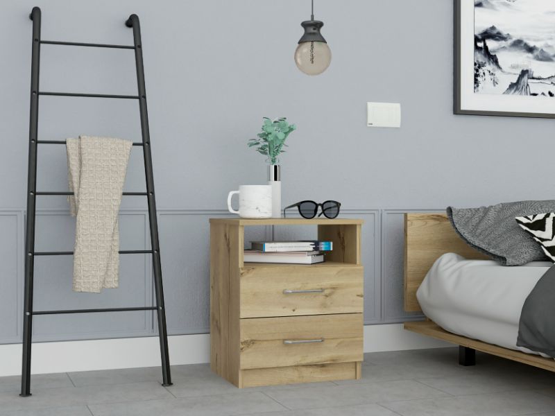 Napoles Nightstand, Modern Bedside Storage With Superior Top Shelf, Two Drawers, One Open Shelf
