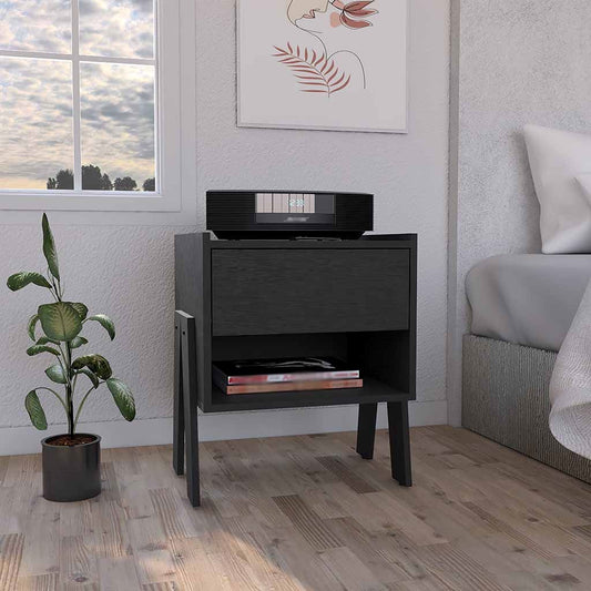 Joy Freestanding Nightstand with Four Legs, One Open Shelf and One Drawer