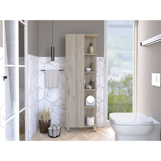 Tuhome Urano Mirror Linen Cabinet with Four Internal Shelves, Five External Display Shelves, Spacious Single-Door Compartment and Modern Tall Storage Design for Bathroom, Kitchen, Bedroom or Multifunctional Home Organization