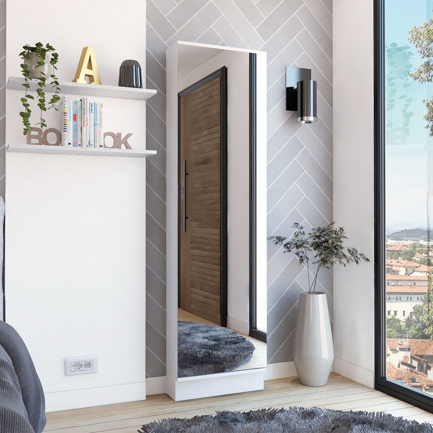 Leto XL Shoe Rack with Full-Length Mirror, Five Interior Shelves, Single-Door Cabinet and Space-Saving Vertical Design for Organizing Multiple Shoe Pairs and Enhancing Entryway or Bedroom Storage Convenience