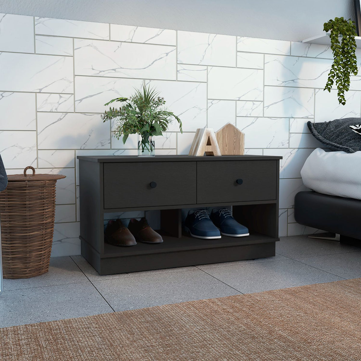 Hamilton Storage Bench Two Open Shelves Two Drawers