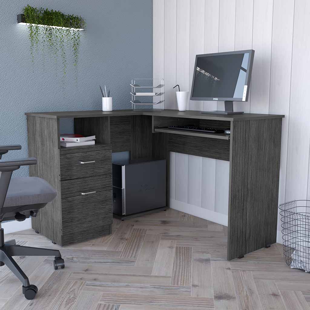 Mix LShaped Desk, Keyboard Tray, Two Drawers, Single Open Shelf