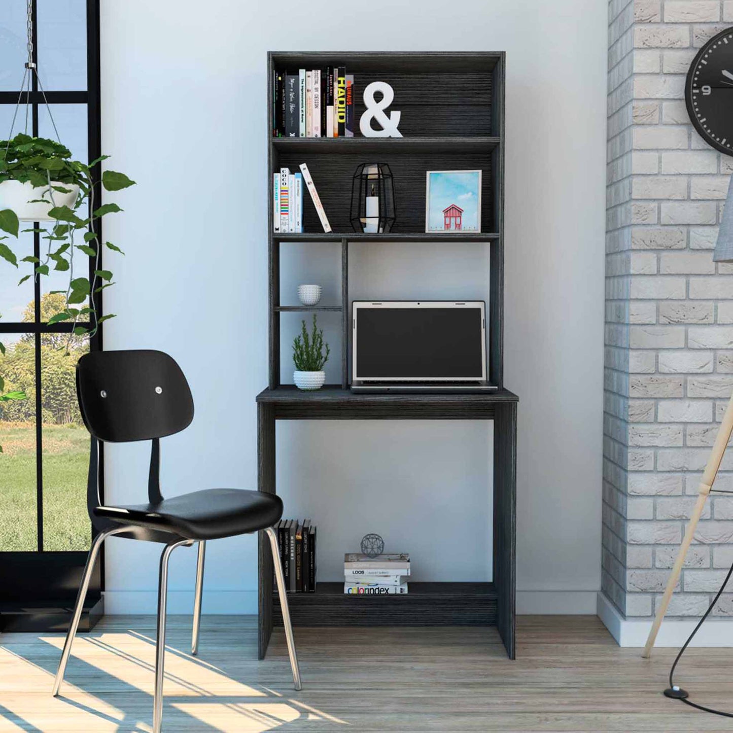 Compu Hutch Desk, Four Shelves, Writing Desk, One Lower Shelf