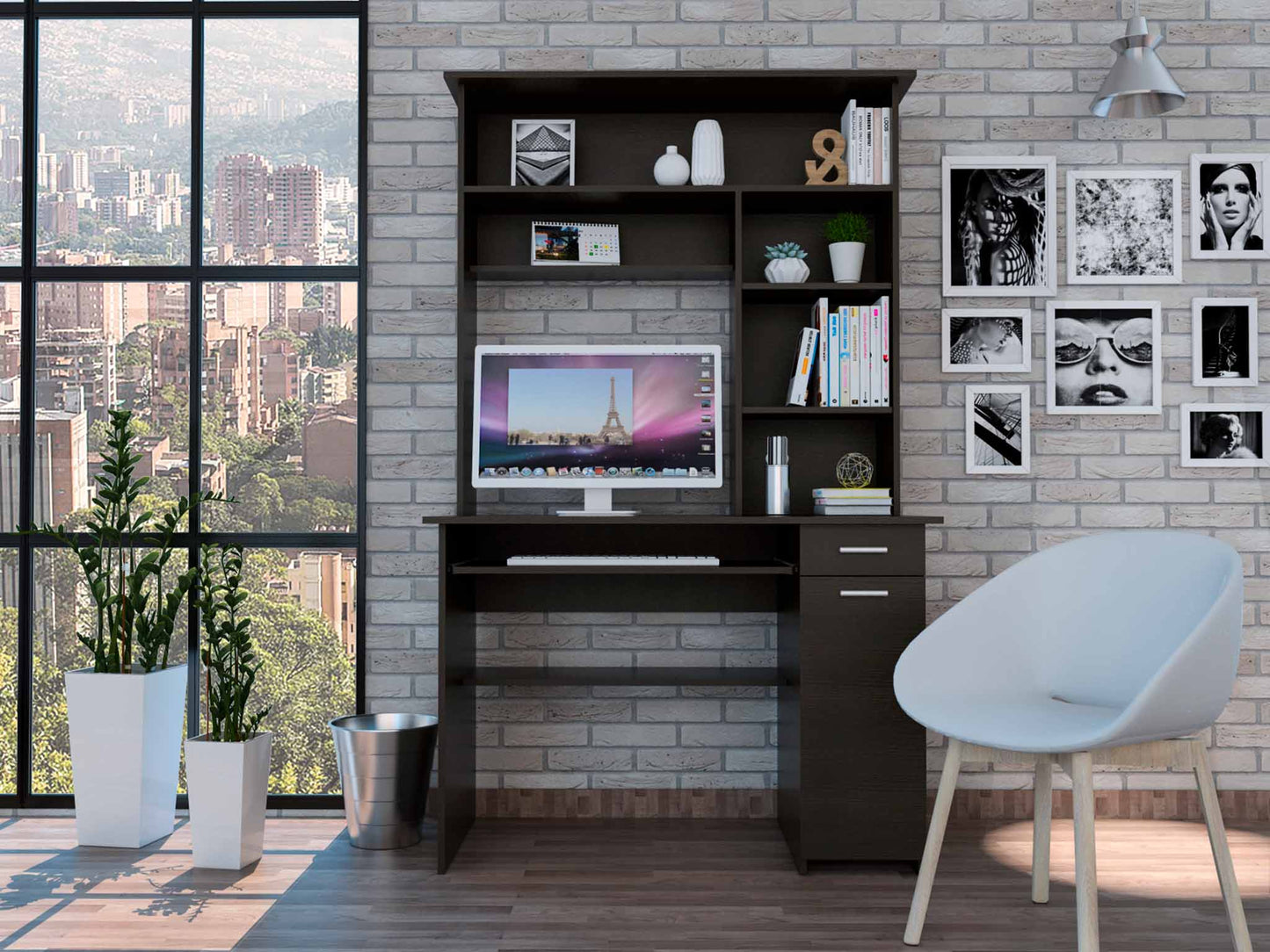 Compu 180 Hutch Desk, Multiple Shelves, One Drawer