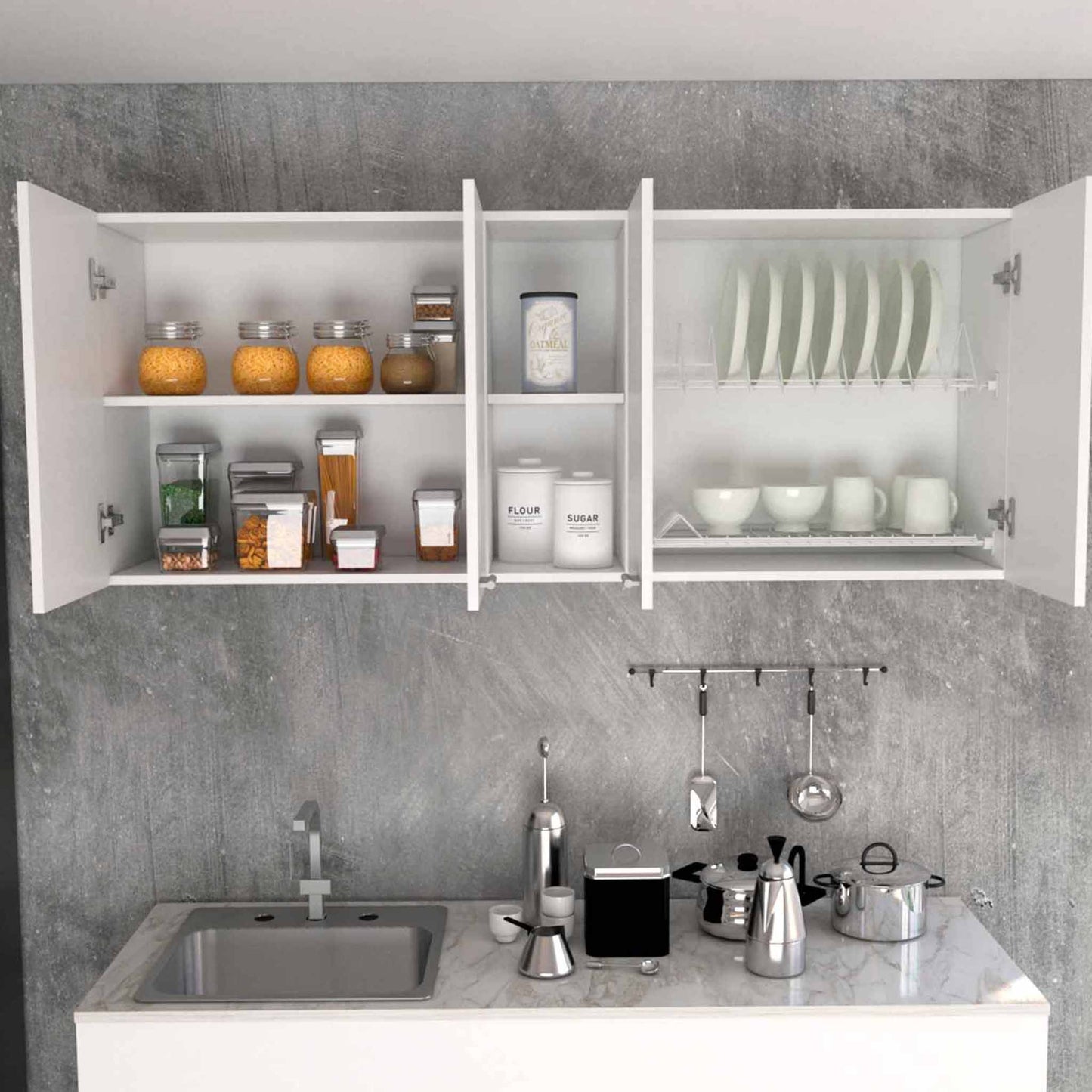 Portofino 150 Wall Cabinet, Double Door, Two External Shelves, Two Interior Shelves