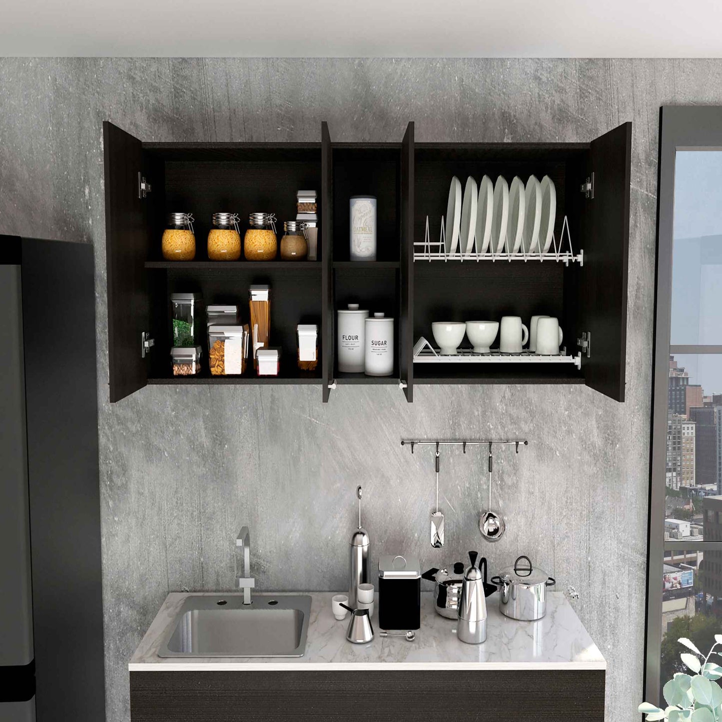 Portofino 150 Wall Cabinet, Double Door, Two External Shelves, Two Interior Shelves