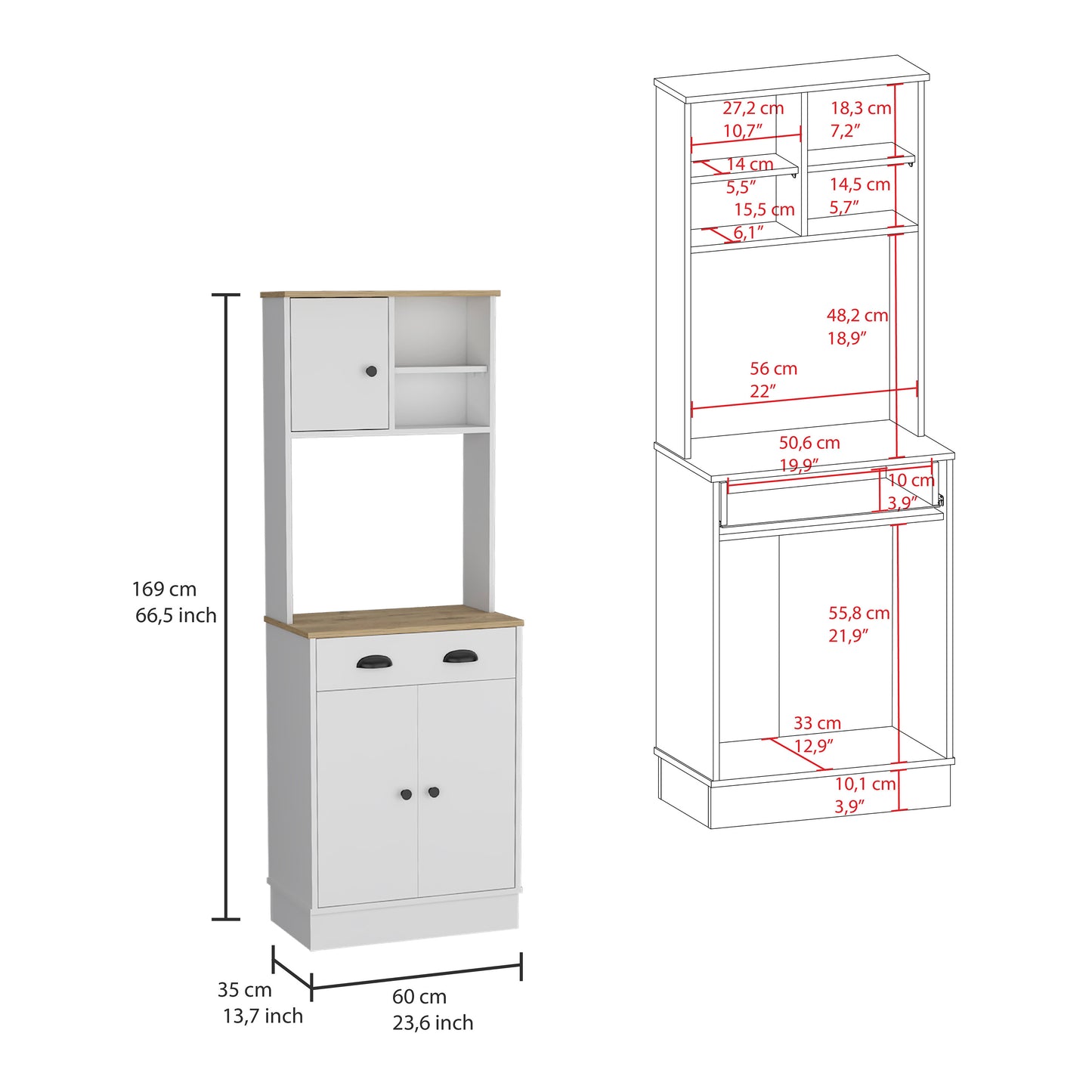 Albany Kitchen Pantry with 3-Doors Cabinet and Drawer, White / Macadamia Finish