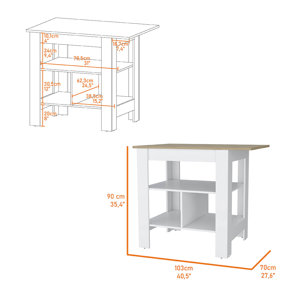 Macondo Kitchen Island, Three Shelves, Solid Top