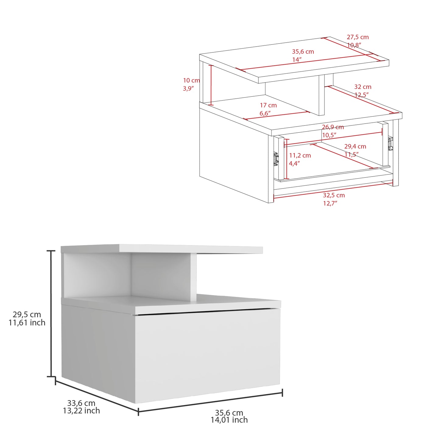 Adele Floating Nightstand, With One Drawer And Two Small Below Shelves For Storage or Decor