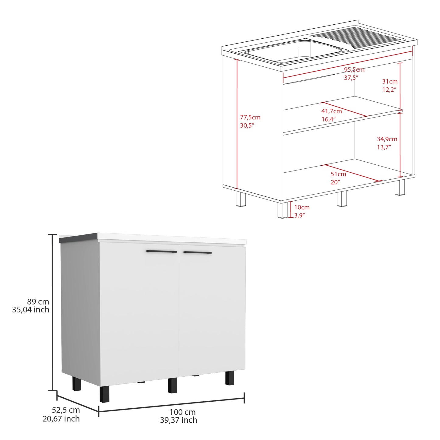 Napoles Utility Sink with Cabinet, Stainless Steel Countertop, Interior Shelf and four legs for Kitchen, Laundry room, Coffe Station