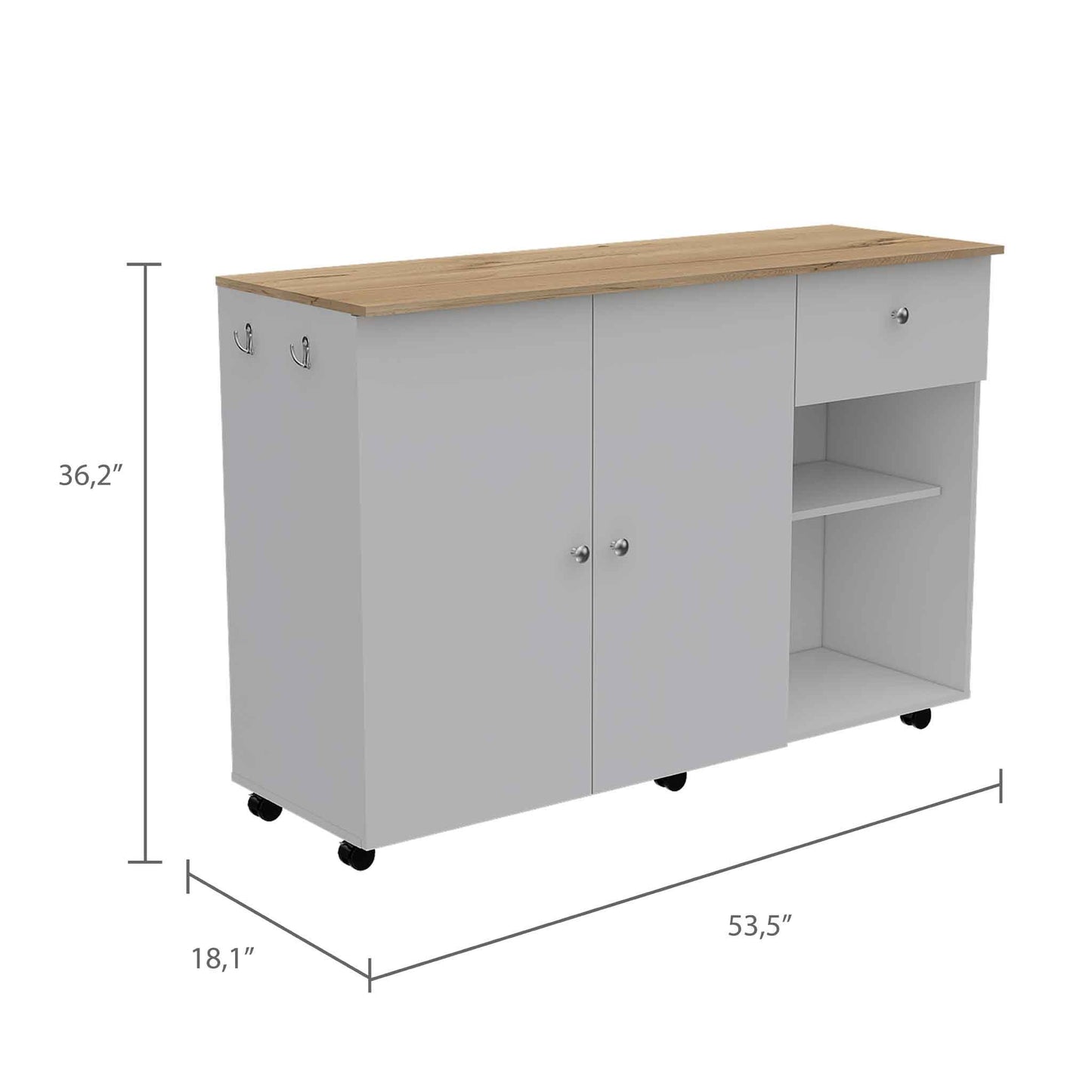 Kitchen Island Cart Victoria, Four Interior Shelves, Six Carters, One Drawer, Double Door Cabinet