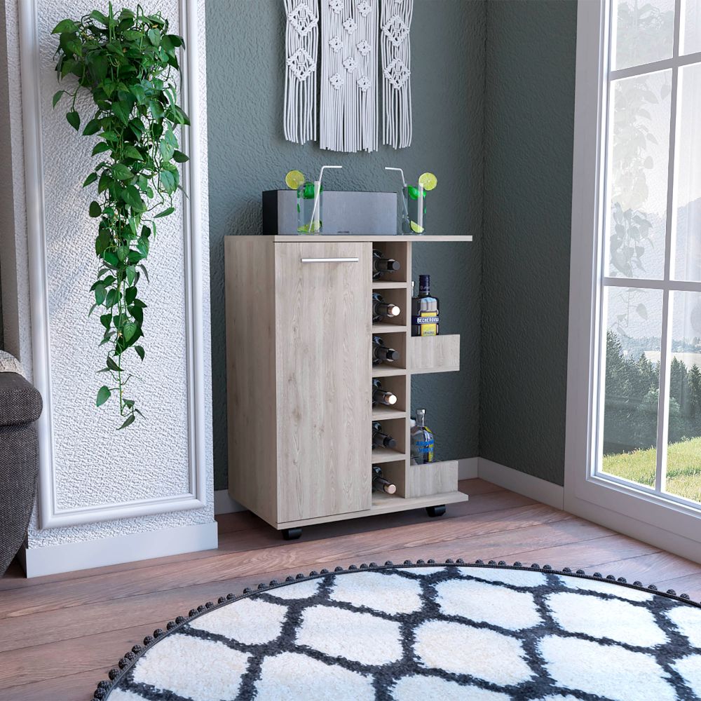 Bar Cart, Two External Shelves, Four Casters, Six Wine Cubbies, Single Door Cabinet
