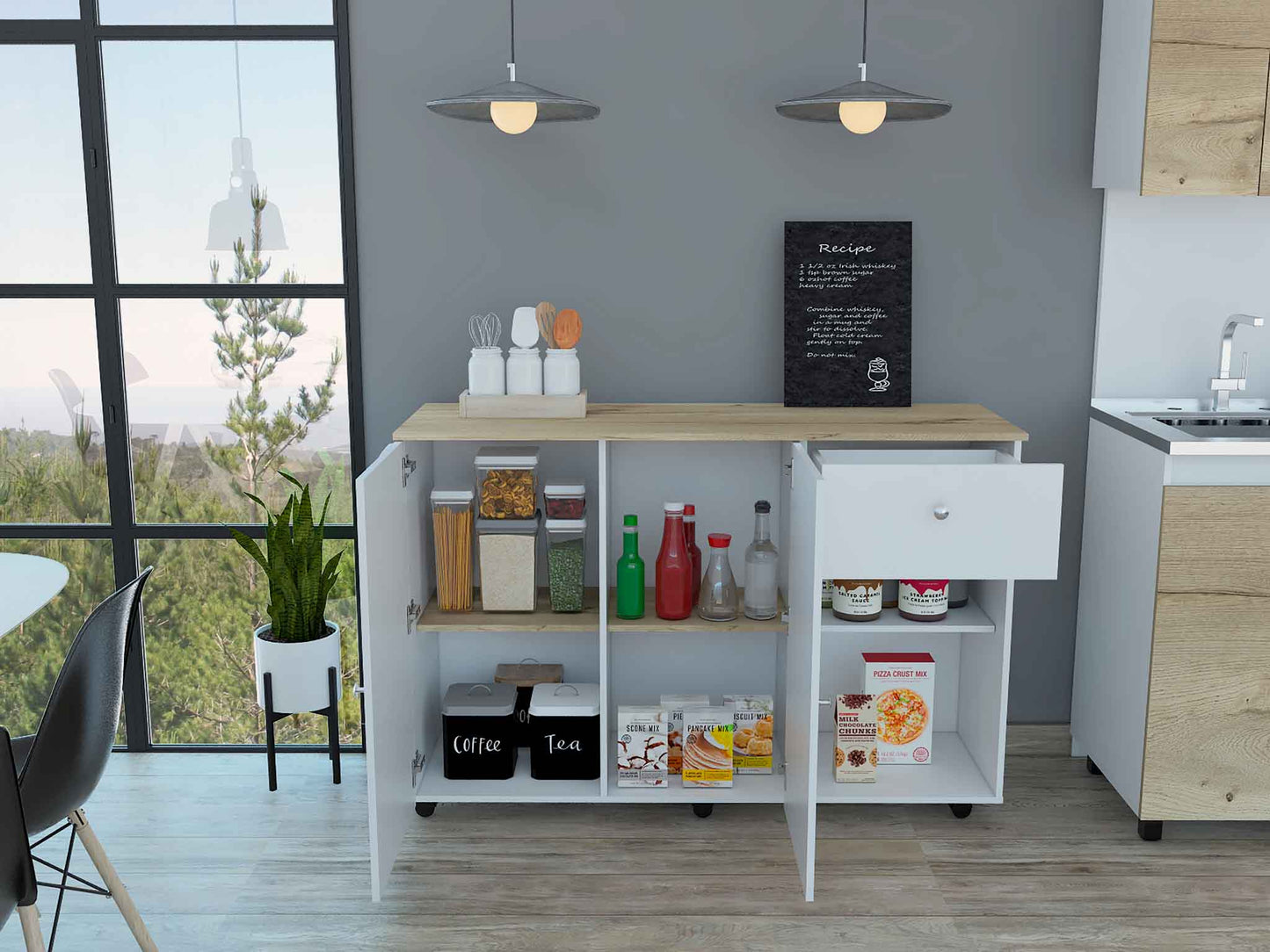 Kitchen Island Cart Victoria, Four Interior Shelves, Six Carters, One Drawer, Double Door Cabinet