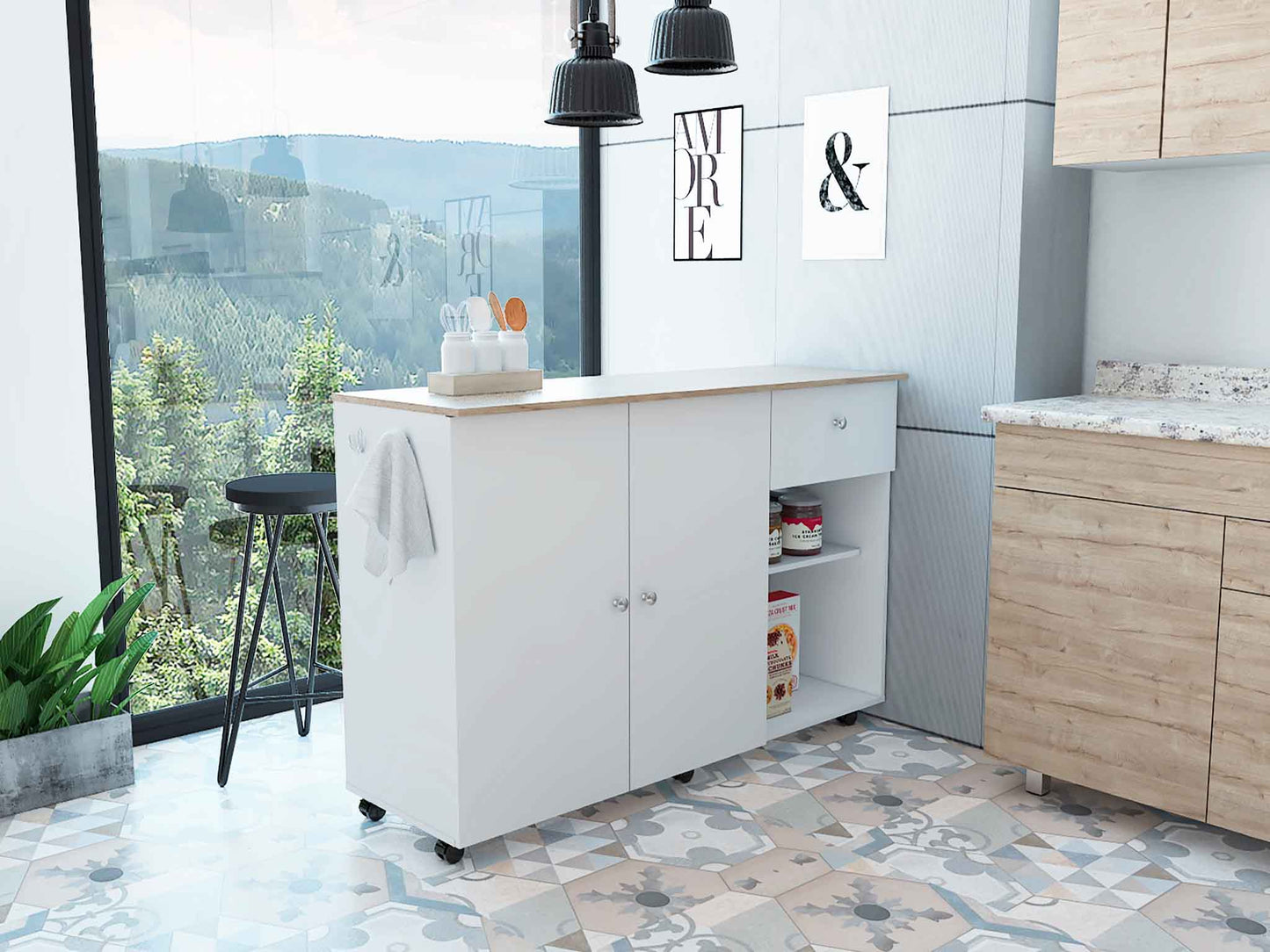 Kitchen Island Cart Victoria, Four Interior Shelves, Six Carters, One Drawer, Double Door Cabinet
