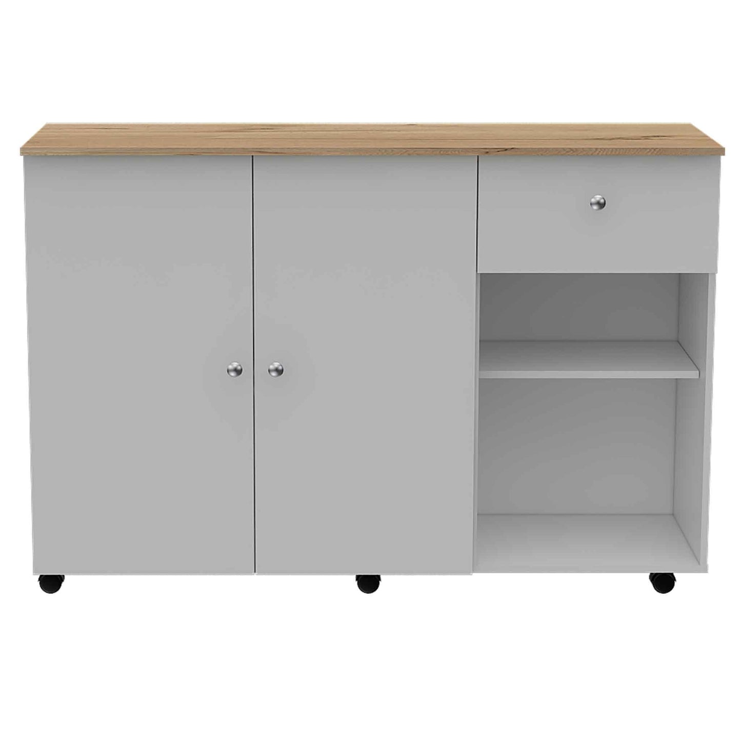 Kitchen Island Cart Victoria, Four Interior Shelves, Six Carters, One Drawer, Double Door Cabinet