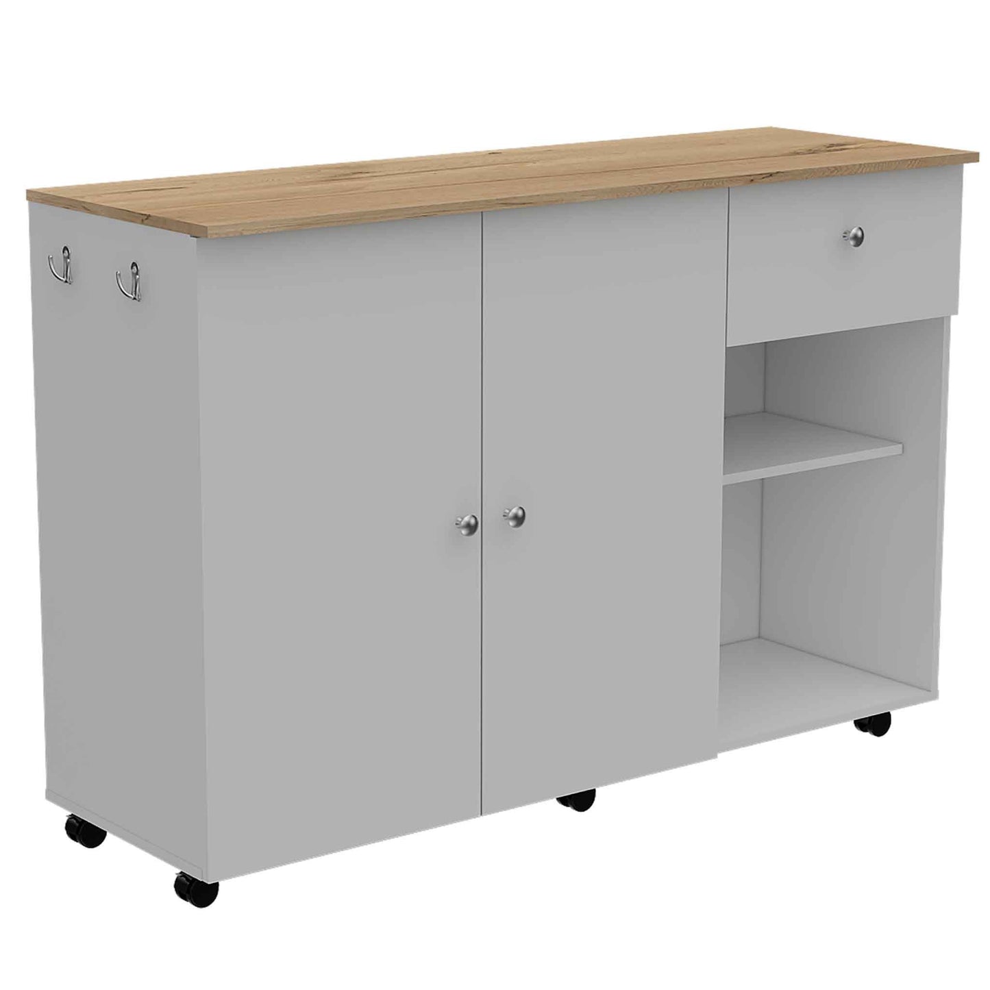 Kitchen Island Cart Victoria, Four Interior Shelves, Six Carters, One Drawer, Double Door Cabinet