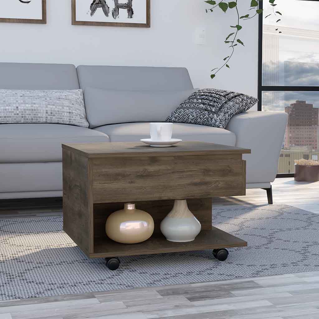 Romano Lift-Top Coffee Table with Casters, One Top Shelf and Hidden Storage