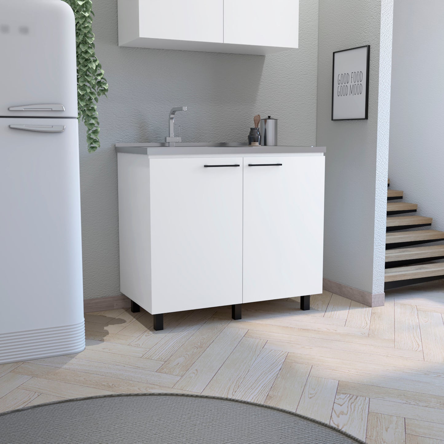 Napoles Utility Sink with Cabinet, Stainless Steel Countertop, Interior Shelf and four legs for Kitchen, Laundry room, Coffe Station