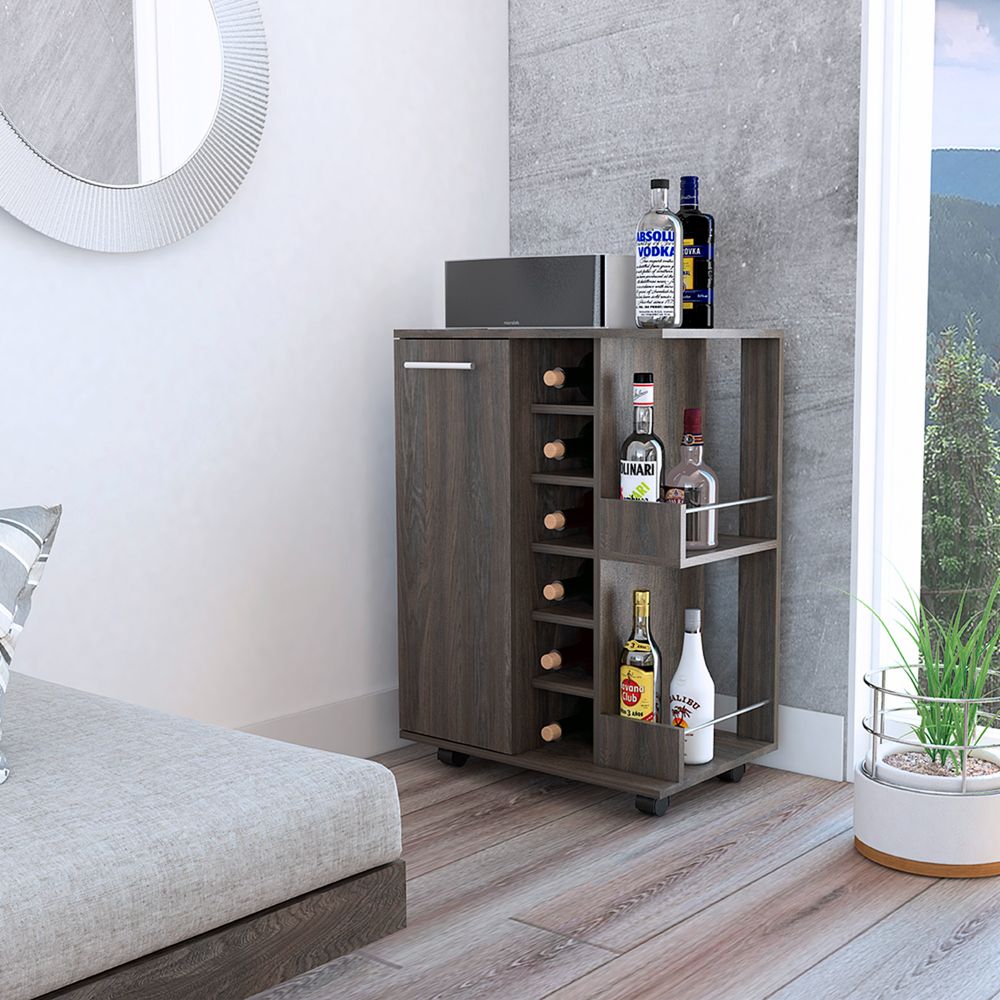 Bar Cart, Two External Shelves, Four Casters, Six Wine Cubbies, Single Door Cabinet