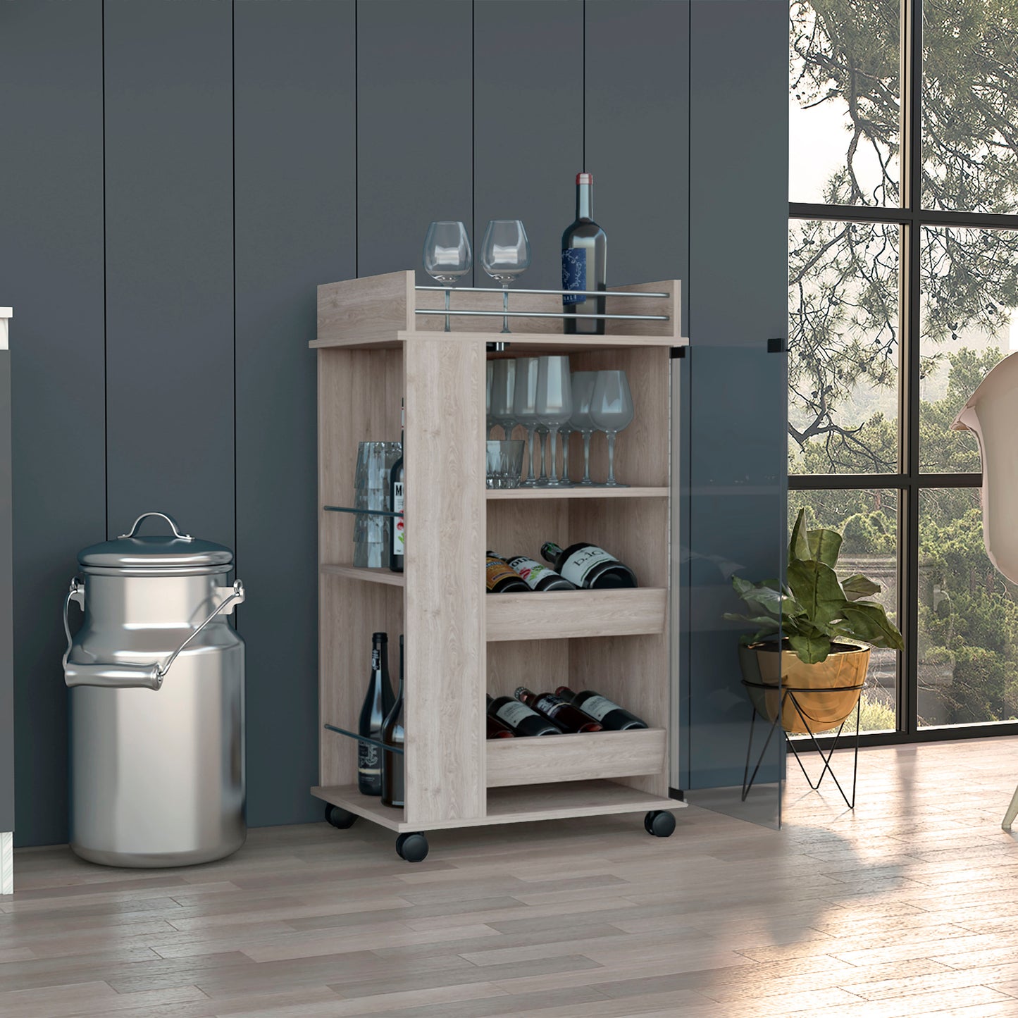 Baltimore Bar Cart with Casters, Glass Door and 2-Side Shelf