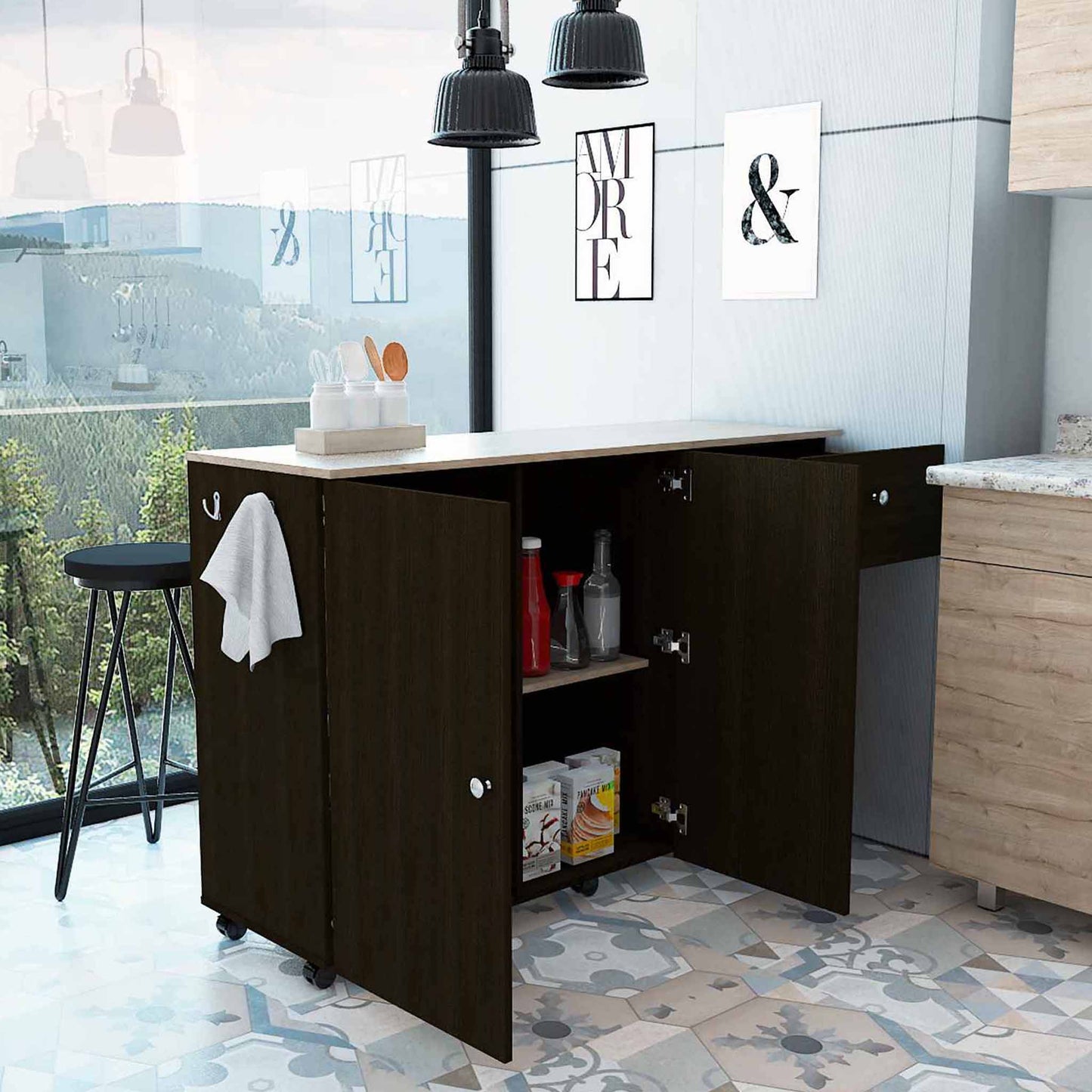 Kitchen Island Cart Victoria, Four Interior Shelves, Six Carters, One Drawer, Double Door Cabinet