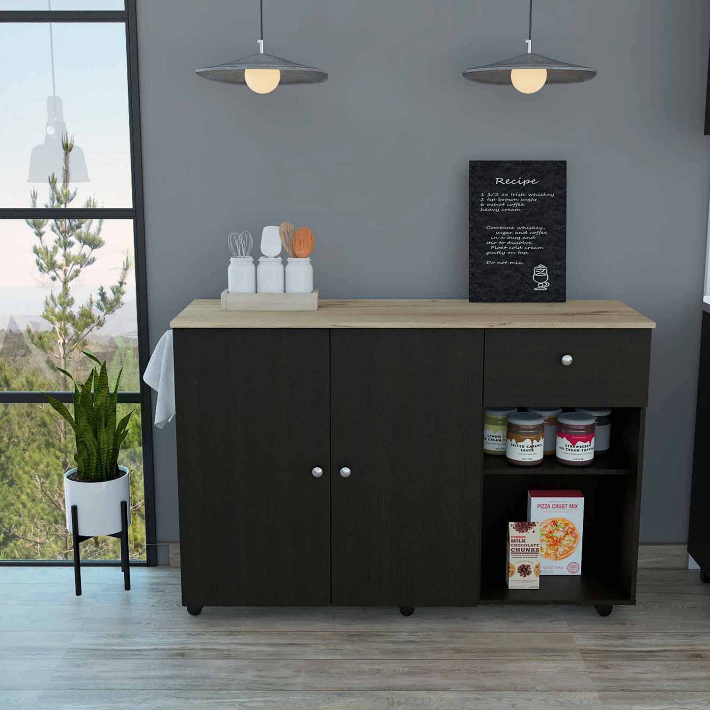 Kitchen Island Cart Victoria, Four Interior Shelves, Six Carters, One Drawer, Double Door Cabinet