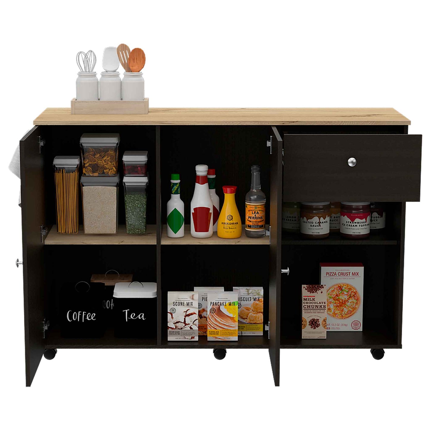 Kitchen Island Cart Victoria, Four Interior Shelves, Six Carters, One Drawer, Double Door Cabinet